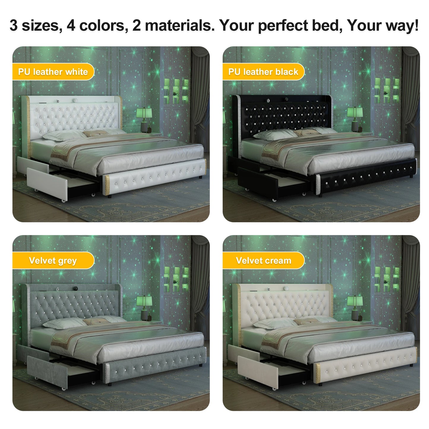 Queen LED Bed Frame with Galaxy Projector, Bluetooth Speaker, USB Ports, 4 Drawers, No Box Spring Needed.