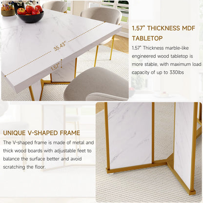 71 Inch Rectangular Dining Table for 6 to 8 People,  Marble  Kitchen Table Gold.