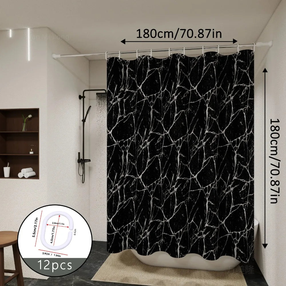 Bathroom Shower Curtain Easy Clean and Wipe Marble Curtain with Hooks