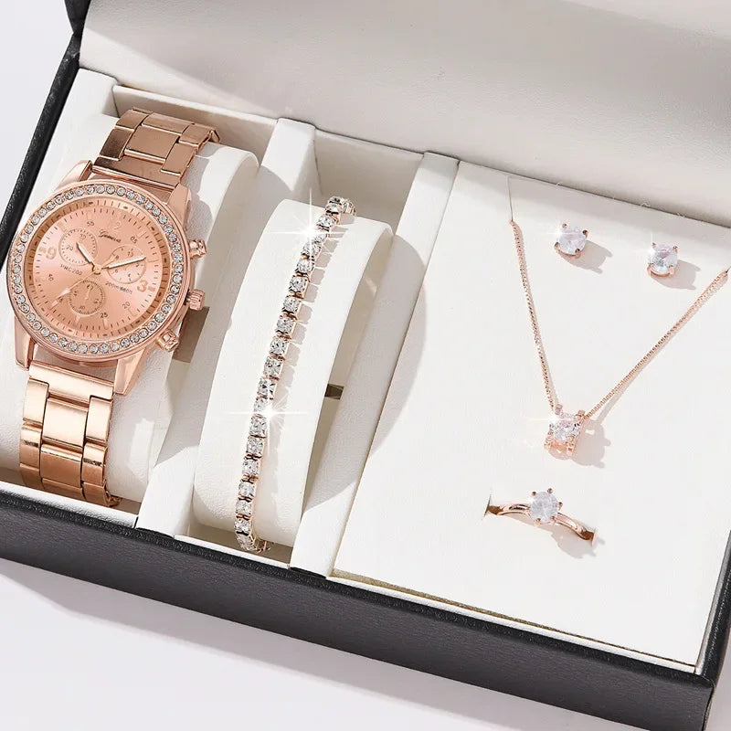 Women Quartz Watch Luxury Diamonds, Simple Stainless Steel Strap, Ring, Necklace, Earrings.