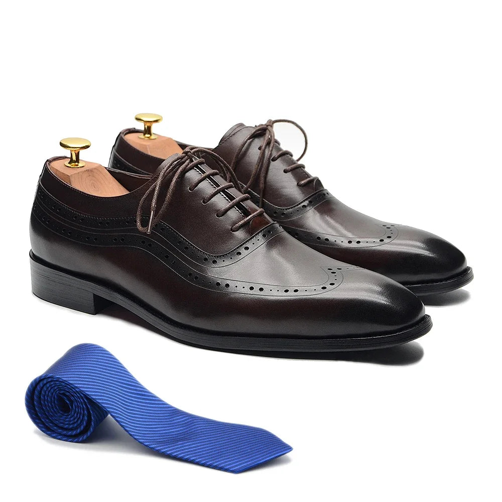 Men Wingtip Oxford Dress Shoes, Genuine Leather Brogue, Dark Brown Lace-up Pointy Toe, Business, Office, Wedding, Formal Shoes.