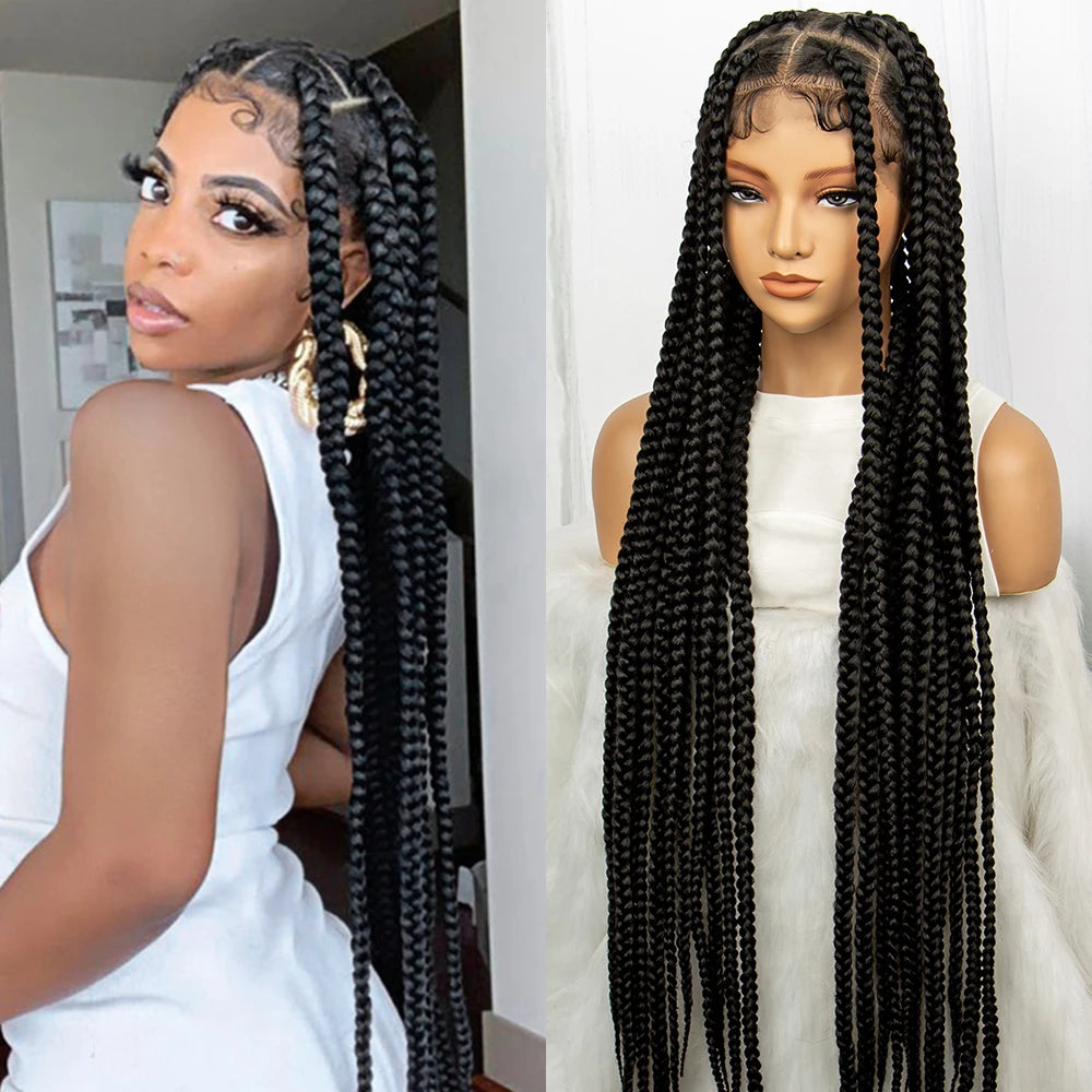 Full Lace Braided Wigs, Knotless Box Braids, for Black Women 34 inches  Long Black