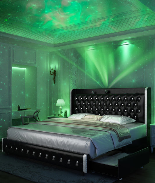 Queen LED Bed Frame with Galaxy Projector, Bluetooth Speaker, USB Ports, 4 Drawers, No Box Spring Needed.