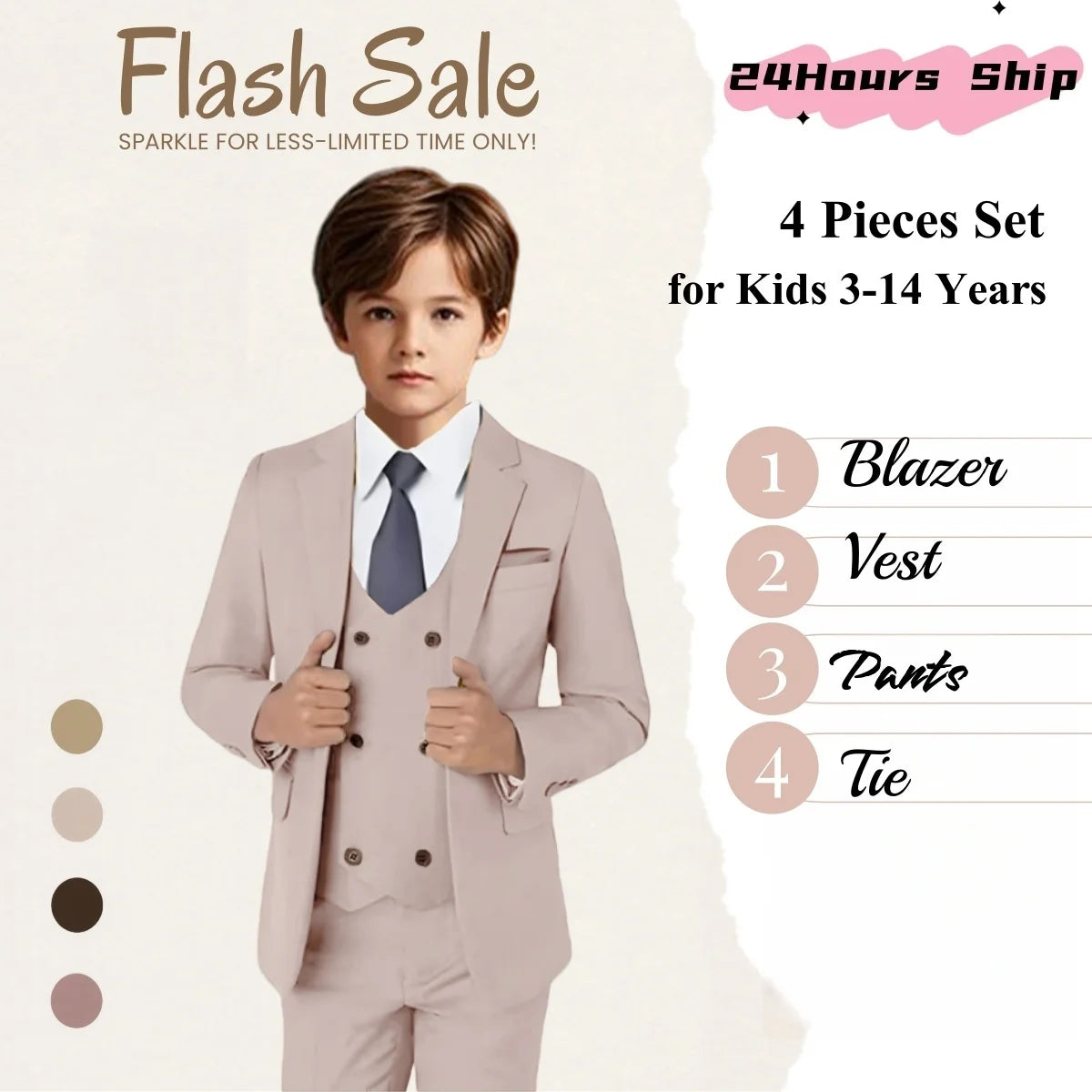 High Quality Kids Suit Set, 4-Piece Slim Fitting  Jacket, Pants, Vest, Bowtie, One Button Communion Kids Suits.