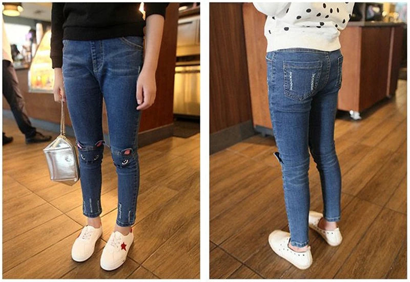 Children, Infants, Girls Casual Denim Long Pants, Skinny Trousers Prints.