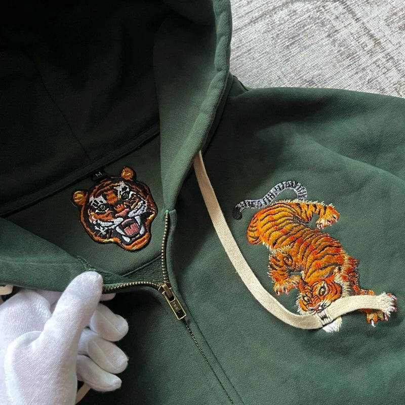 Y2K Retro Hoodie Tiger Jaw Embroidery Double Zippers Sweatshirt, Men Harajuku Trendy Casual Streetwear Unisex Oversized Clothing.