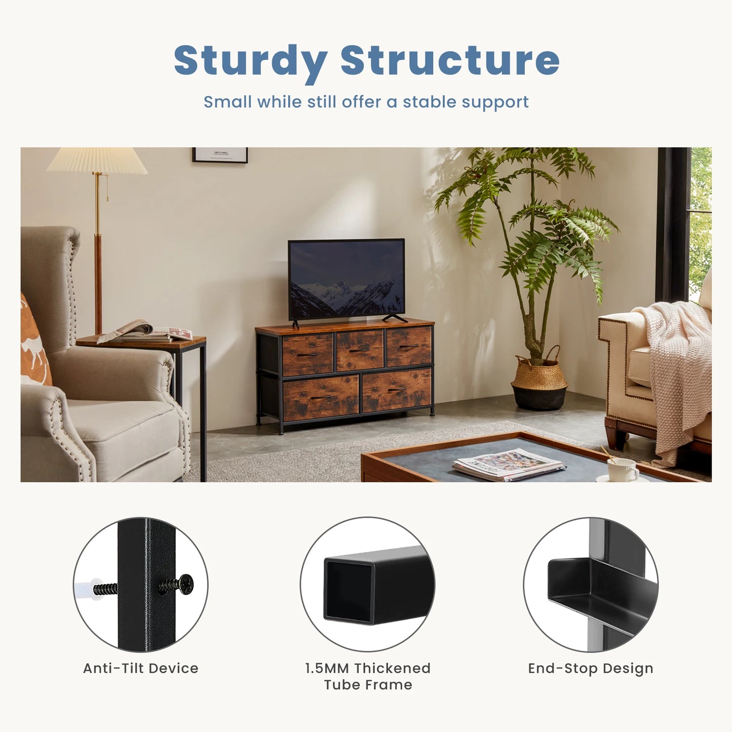 Living Room Display Cabinet  With 5 Fabric Drawers.  Steel Frame Assembly for Clothes.