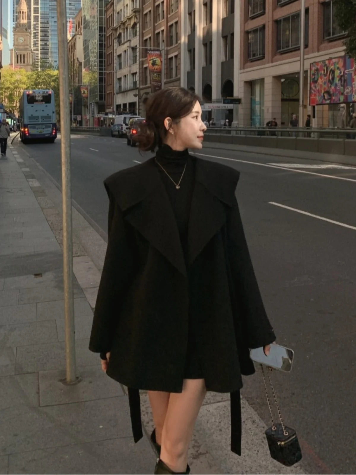 Winter Wool Coat Women, Chic Navy Collar, Belted Waist