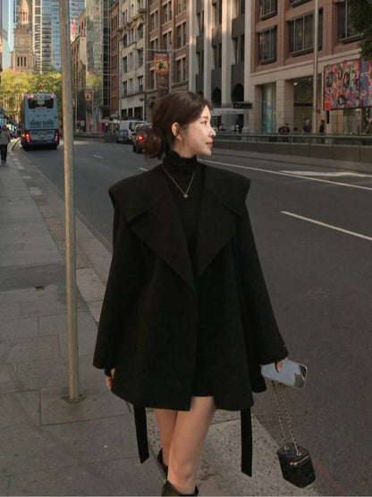 Winter Wool Coat Women, Chic Navy Collar, Belted Waist