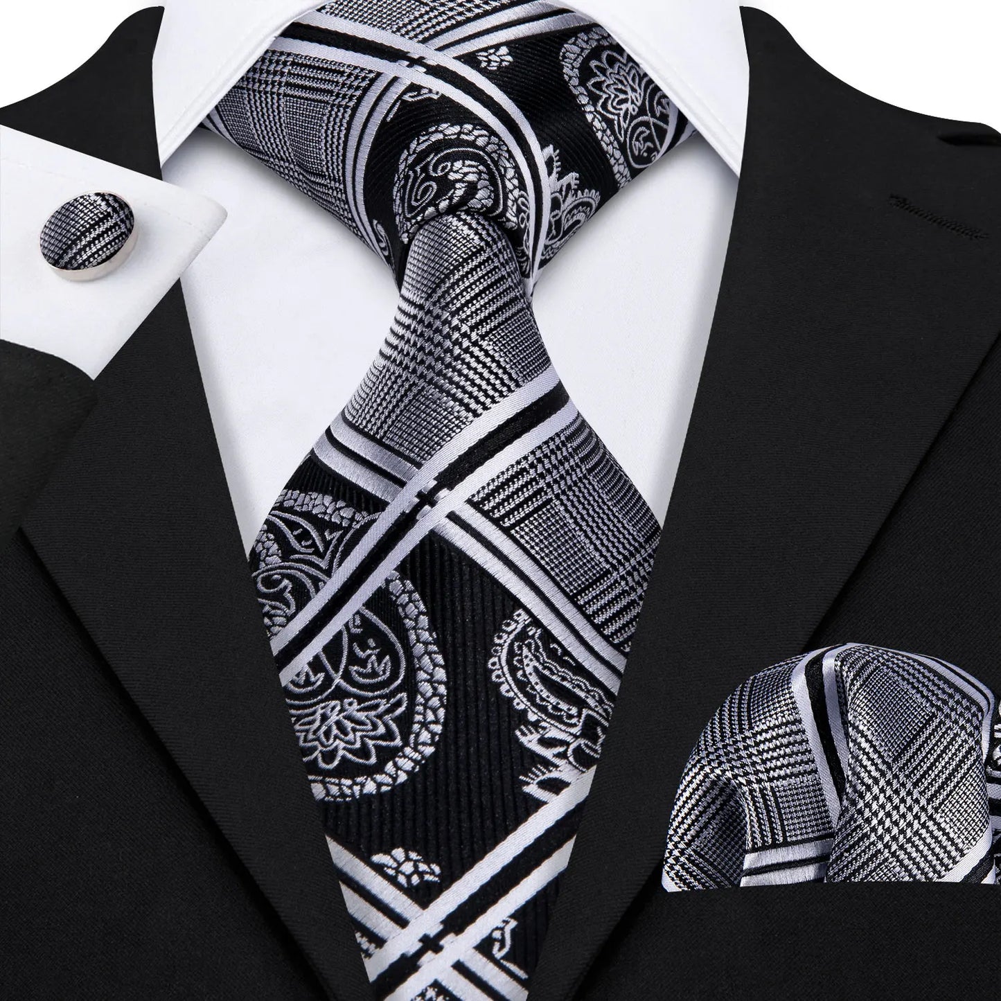 Black White Gray Silver Men Tie Handkerchief Cufflinks Set.