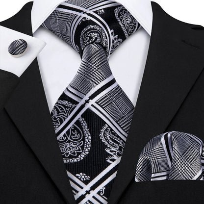 Black White Gray Silver Men Tie Handkerchief Cufflinks Set.