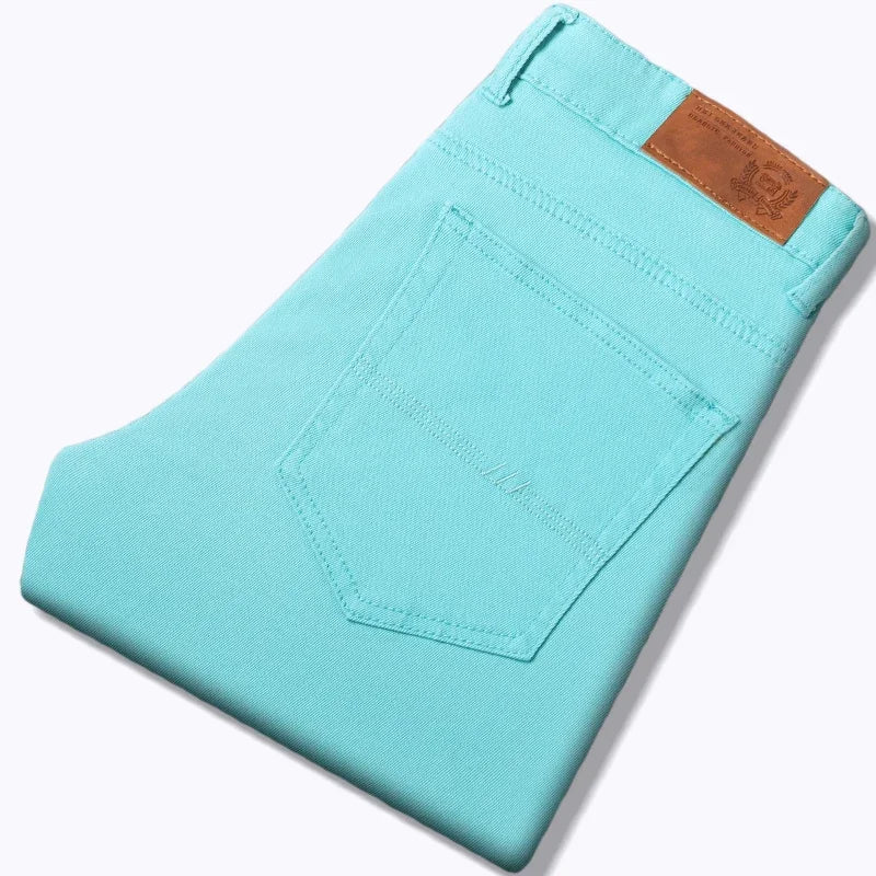 Men's White Jeans Straight Elastic Cotton Denim Pants