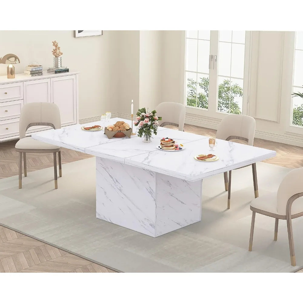 White Faux Marble Dining Table, 63 inch Modern Dinner Table for 6 People.