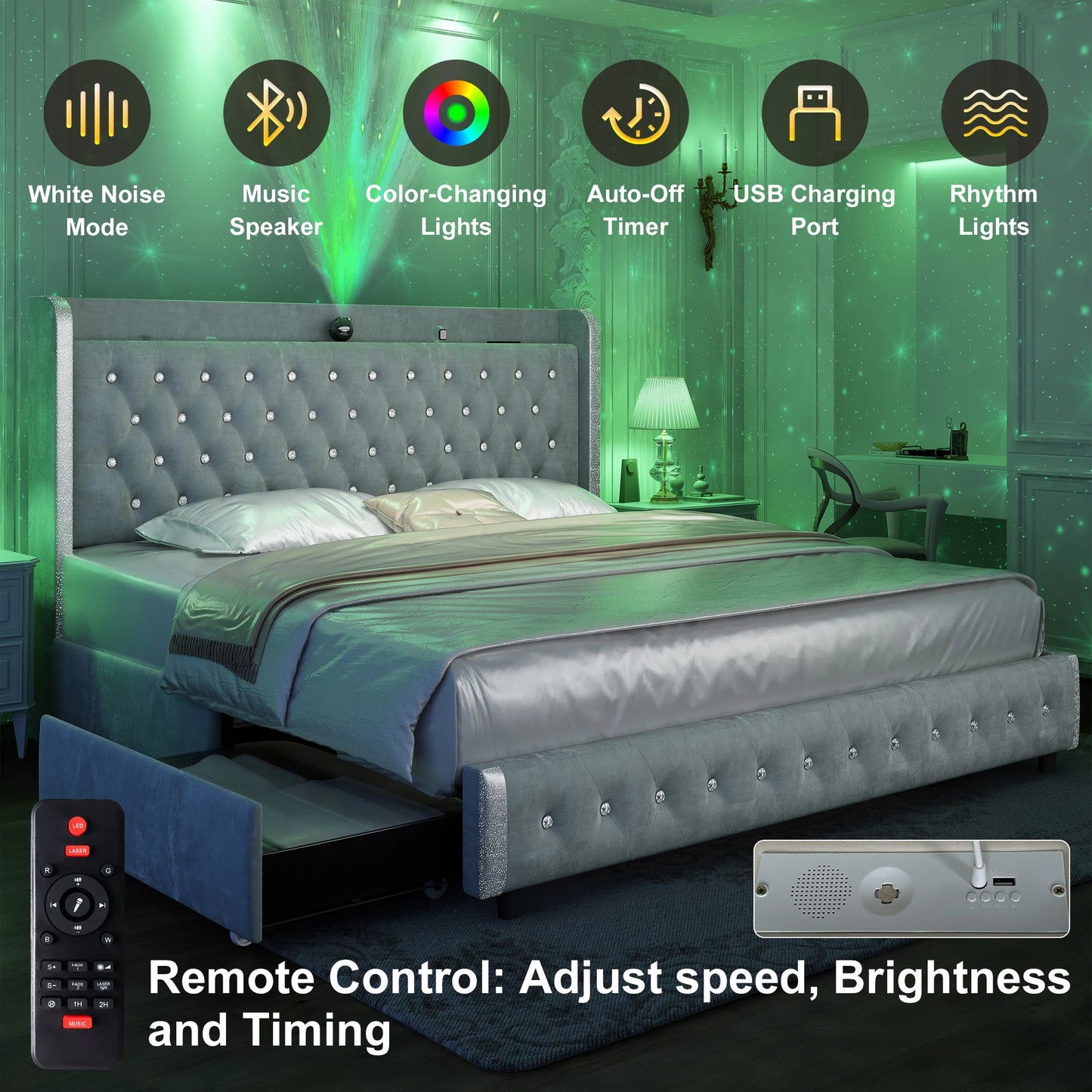 Queen LED Bed Frame with Galaxy Projector, Bluetooth Speaker, USB Ports, 4 Drawers, No Box Spring Needed.