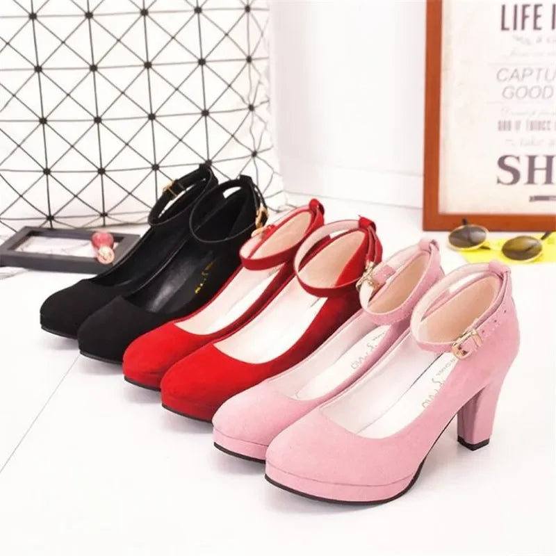 Spring Women Pumps High Heel Ankle Strap Round Toe Shoes.