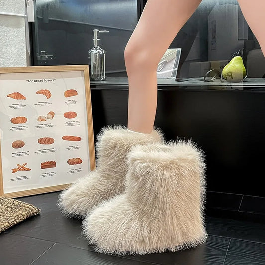 Warm Faux Fur Short Snow Boots Women Outerwear Booties, Black Cotton Lined Winter Thick Bottom Rubber Outsole.