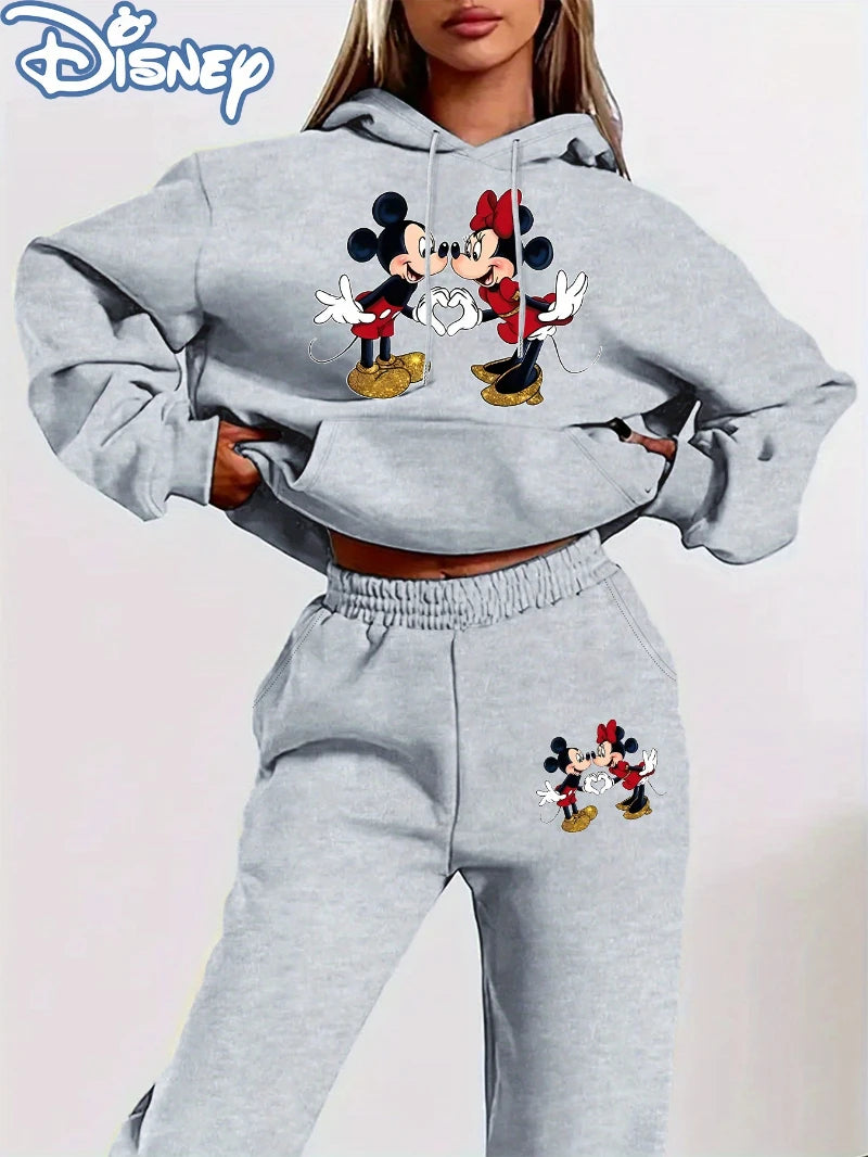 Women Mickey & Minnie Mouse Print Hoodie- Cozy Pullover with Drawstring Waist, Casual Fall/Winter.