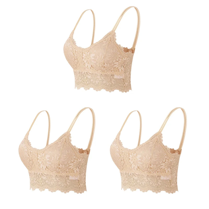 3PCS Women's Lace Top Comfortable Bralette, Solid Color Underwear Vest.