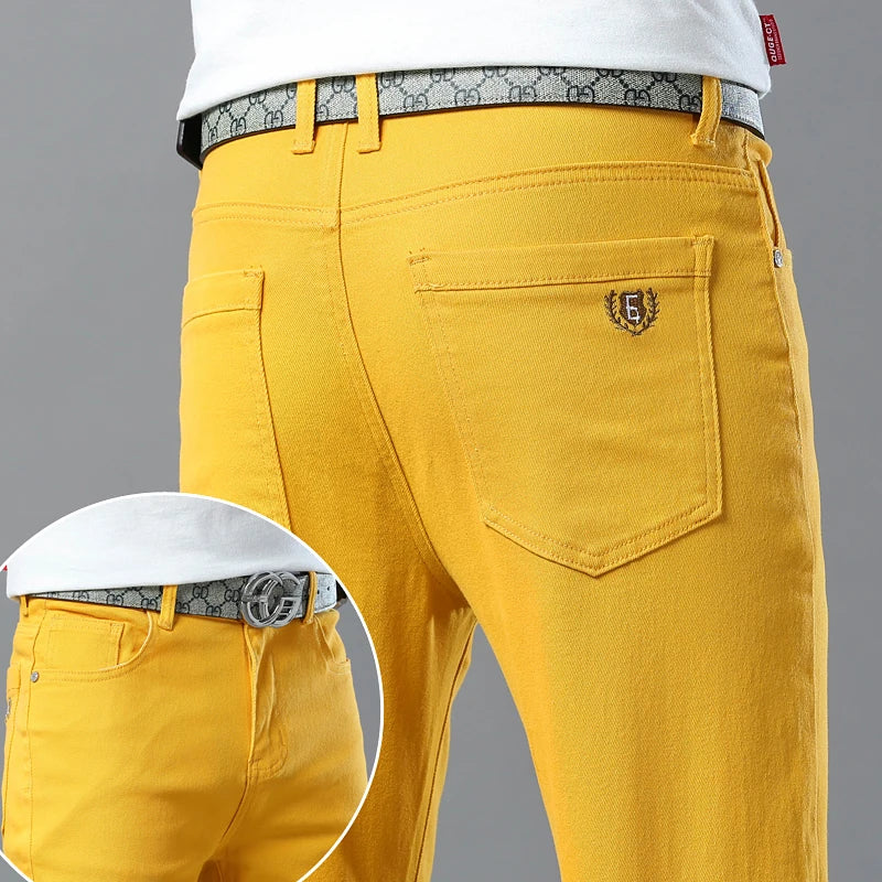 Men Fashion Classic Jeans Solid Color  Streetwear Trousers Stretch Slim-fit