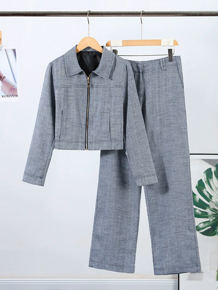 Women's Outwear 2 Piece Set Coats Pants ,Zipper Short Jackets, Straight-Leg Trouser Woman Clothes