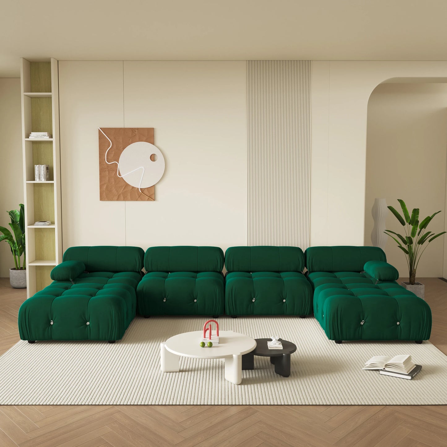 138" Modular Sectional Couch Modern U-Shaped Velvet Sofas for Living Room, Deep 4-Seat Sofas with 2 Ottomans.