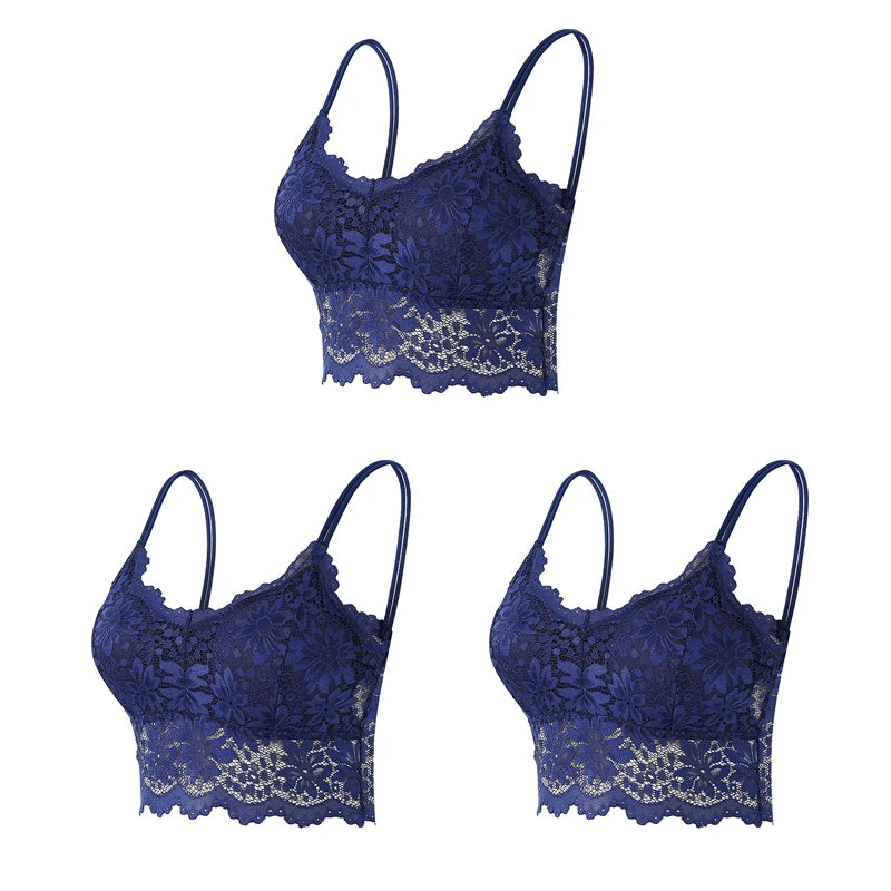 3PCS Women's Lace Top Comfortable Bralette, Solid Color Underwear Vest.