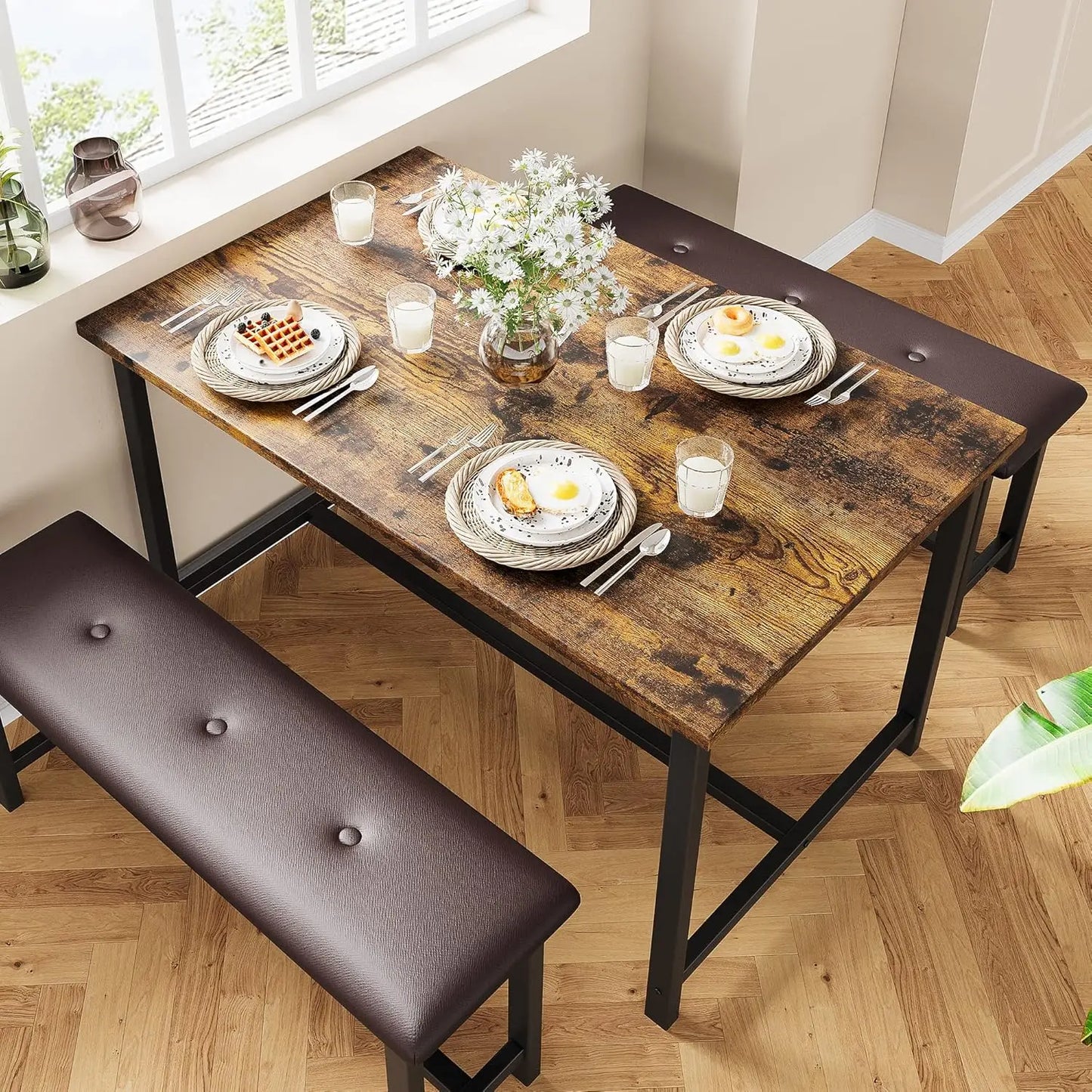 Brown Dining Table Set for 4 Upholstered Benches, 3pcs/set