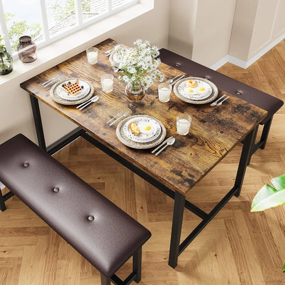 Brown Dining Table Set for 4 Upholstered Benches, 3pcs/set