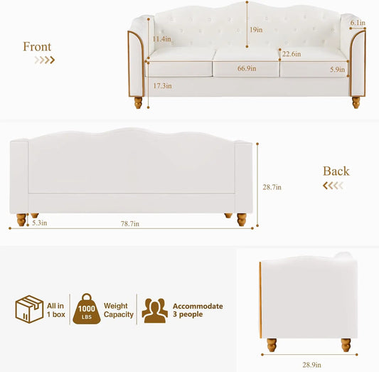 78" Leather Sofa Couch, Soft 3 Seater Sofa Living Room.