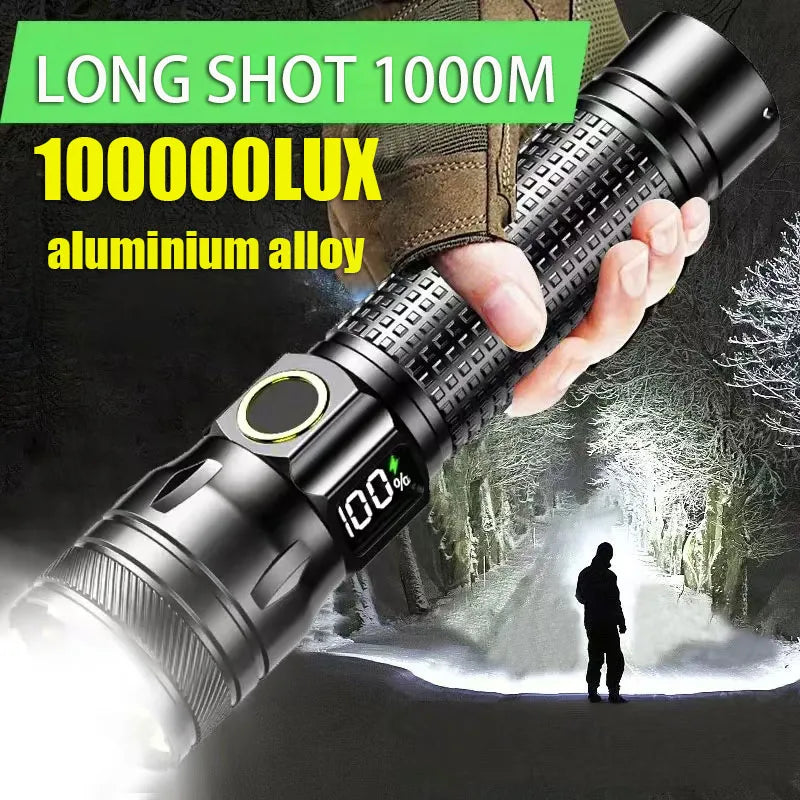 Aluminum Alloy Rechargeable LED Flashlight, Power Display, High Power Torch Light Waterproof.