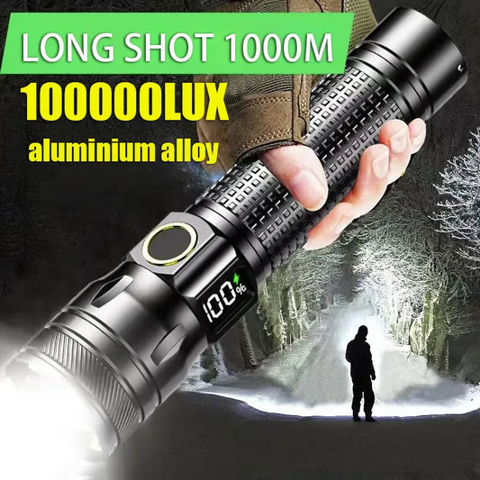 Aluminum Alloy Rechargeable LED Flashlight, Power Display, High Power Torch Light Waterproof.