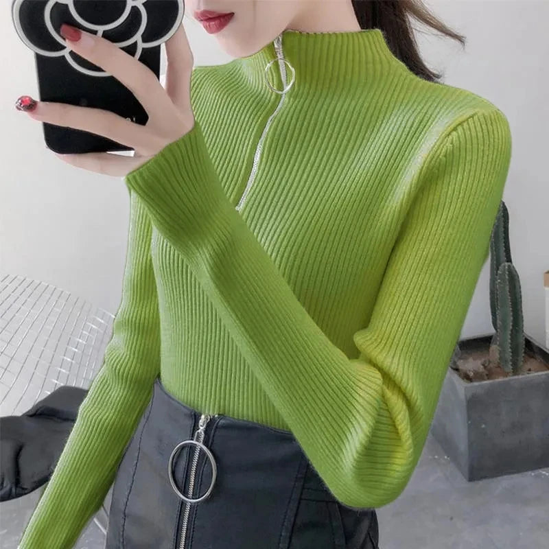 Knitted Women Zipper Half High Neck Sweater Solid Knitwear.
