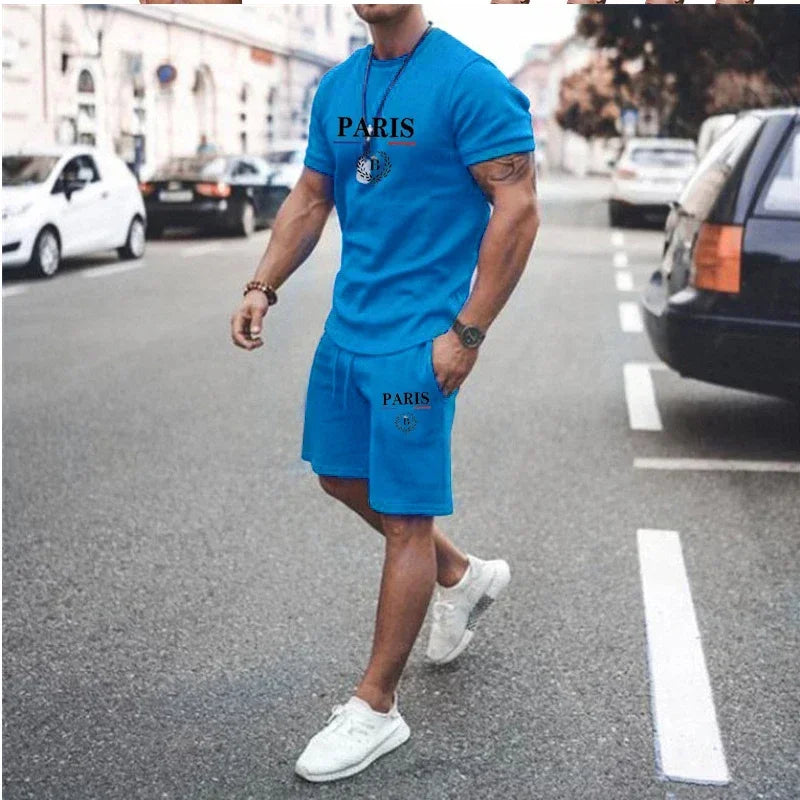 New Summer Men Fashion Short sleeved T-shirt and Shorts, 2-piece Set Sportswear  Casual Men Set.