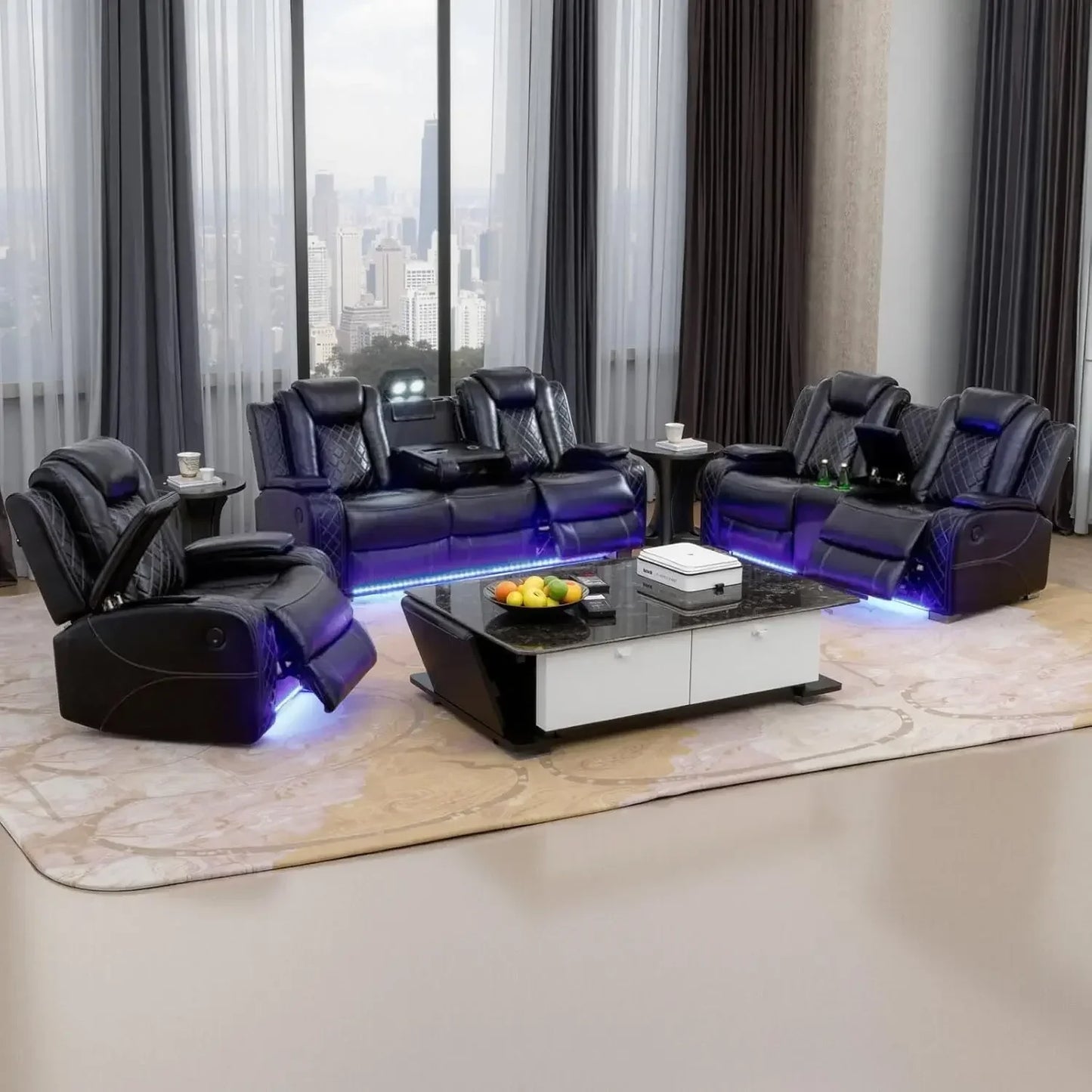 Power Living Room Furniture Sets, Electric Recliner Chair with LED Light, Sectional Sofa Loveseat with Wireless Charging.