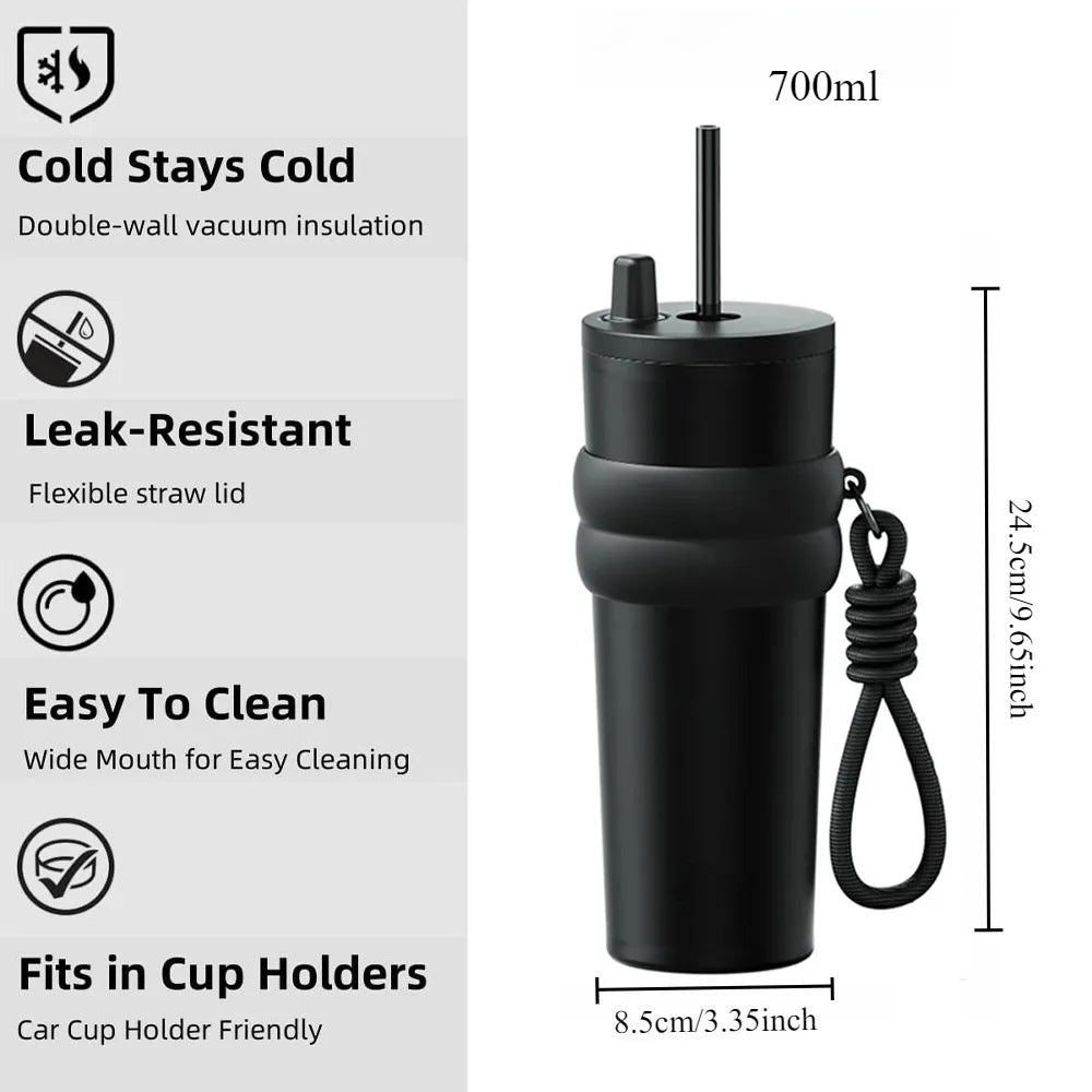 700ml/23oz Stainless Steel Travel Thermos - Leak-Proof Lid with Straw