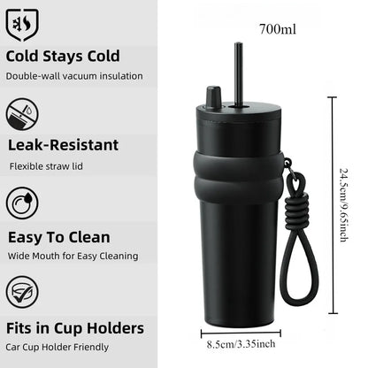700ml/23oz Stainless Steel Travel Thermos - Leak-Proof Lid with Straw