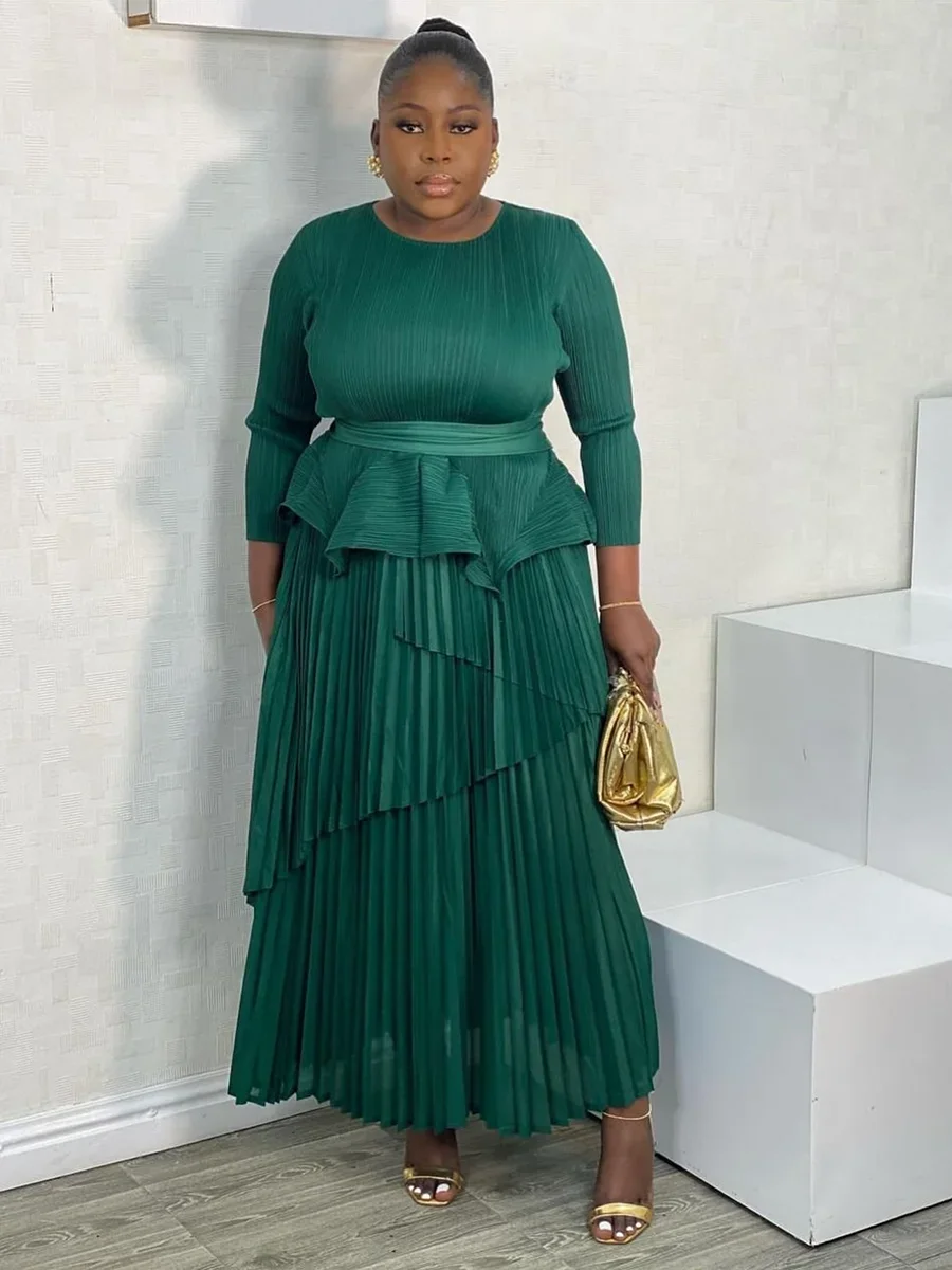 Pleated 2 Piece Set, Women Belt Gathered Waist Tops and Folds A-line Long Skirt Party Set.