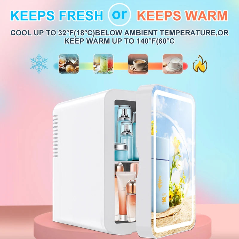 6L mirror beauty makeup refrigerator, skin cosmetics care hot and cold storage, portable LED mini refrigerator.