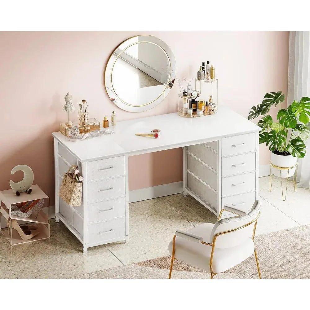 48-Inch White Computer Desk with 8 Fabric Drawers, Modern Office Desk for Home Office.