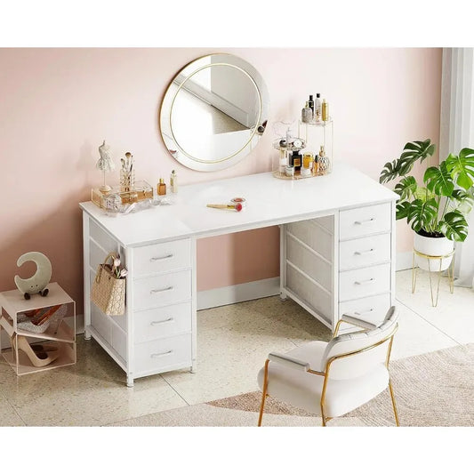 Bureau informatique blanc de 122 cm avec 8 tiroirs en tissu, bureau moderne pour le bureau à domicile.