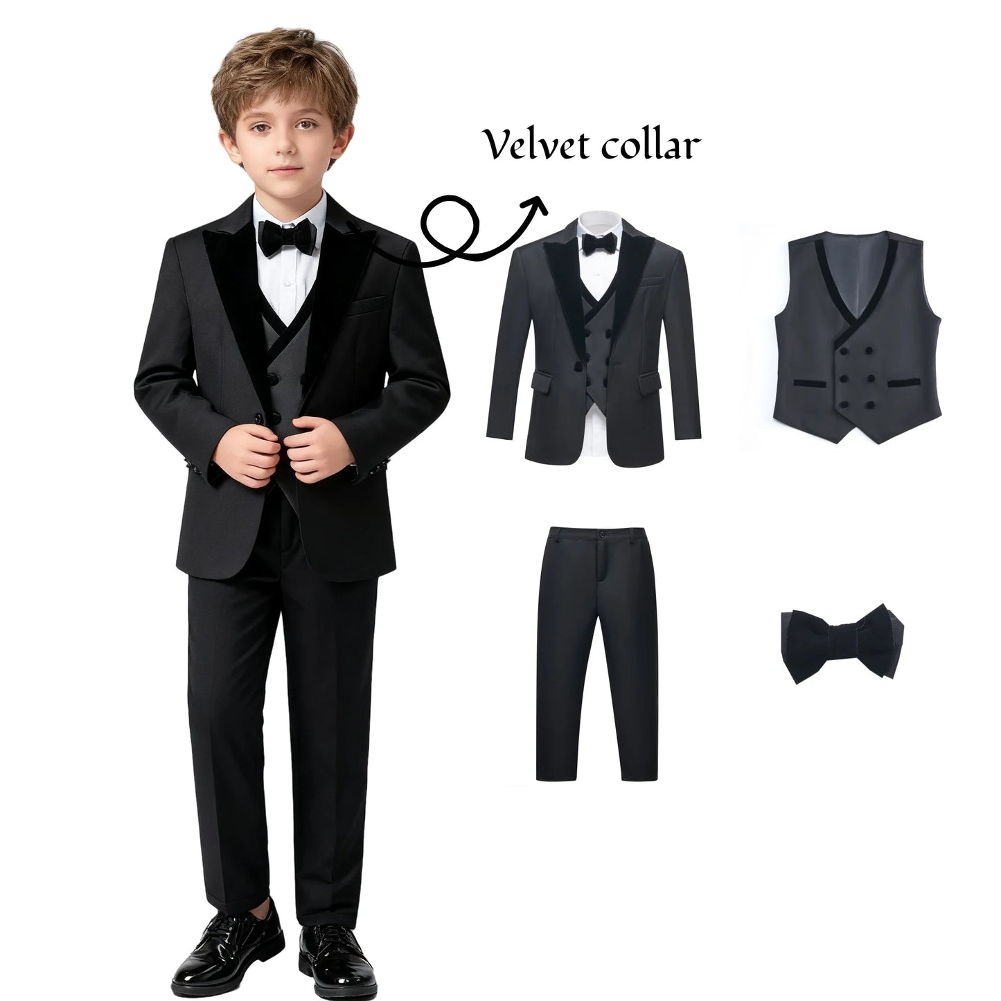 2025 New Kids Suit Set, 4 Pieces Formal  Suits for Boys, Jacket, Vest, Pants, Bowtie Velvet Collar.