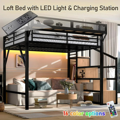 Queen Size Metal Loft Bed Frame, with Storage Stairs, Side Shelf, Wardrobe, USB Ports, and LED Lighting