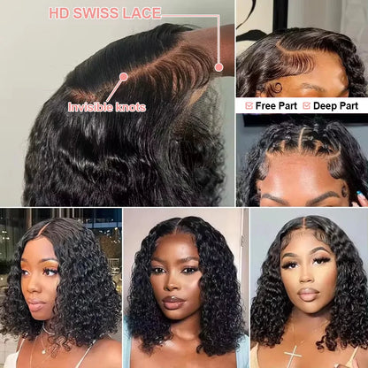 Brazilian Deep Water Wave Curly Bob 100% Human Hair Wigs ,HD Lace Front 13x4 13x6 Transparent Lace