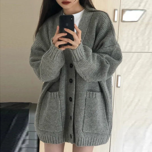 Cárdigan de punto para mujer, a la moda, de manga larga, con cuello en V, estilo informal.