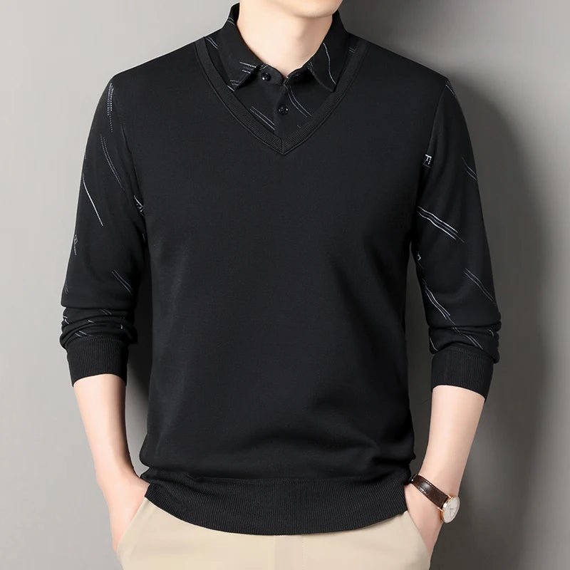 Men Fleece Lining Sweater Autumn Winter Pullover, Polo Shirt Collar Fake Two Piece Casual Knitwear.