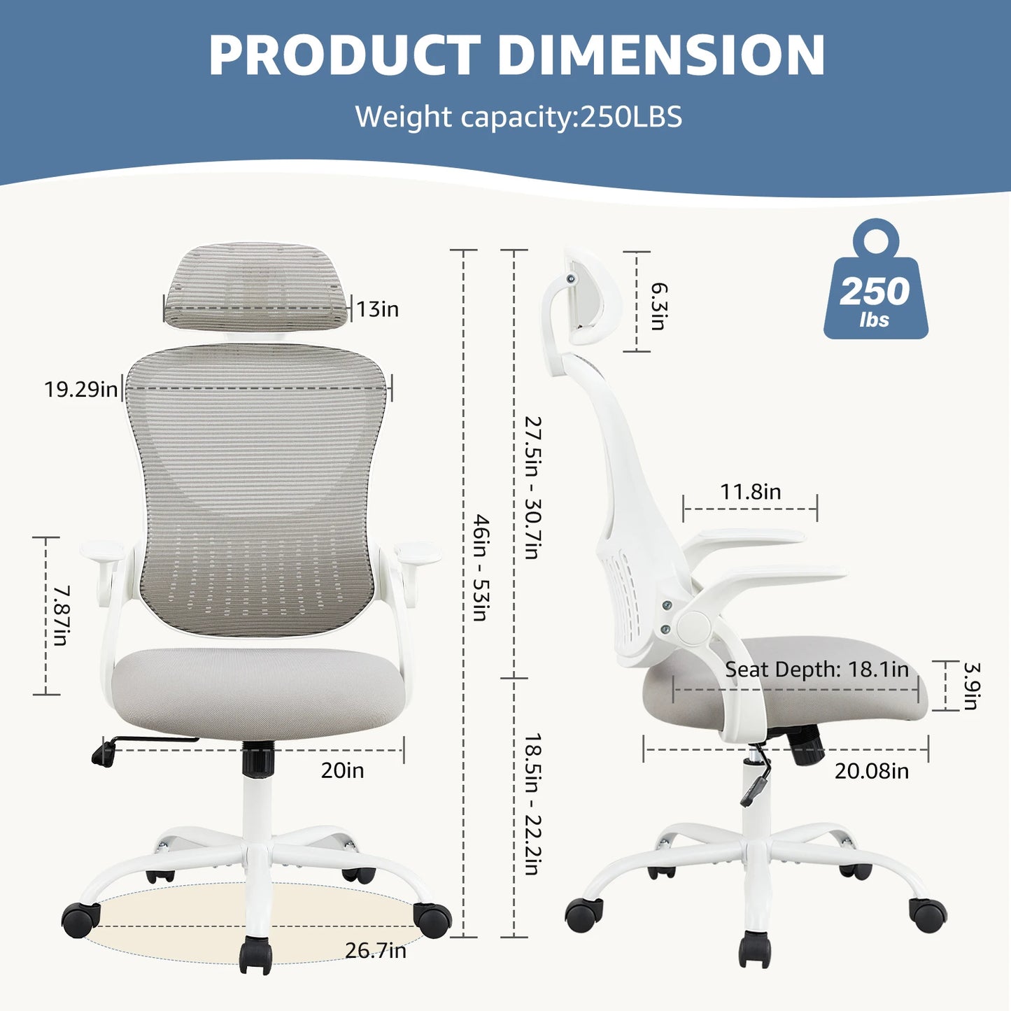 JHK Mesh Ergonomic Office Computer Desk Chair, Flip-up Arms, Adjustable Headrests.