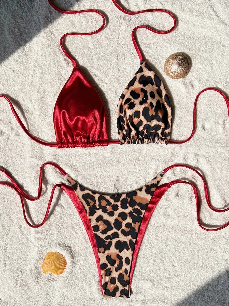 Halter Splicing Leopard Bikinis 2026 Satin Bikini Female Swimsuit Women Swimwear.