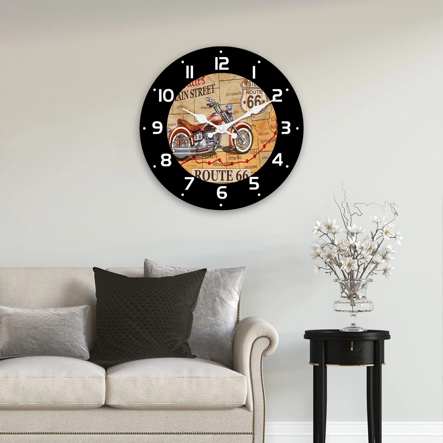 Fashionable No. 66 Road Motorcycle Wooden Wall Clock Living Room, Bedroom ,Kitchen, Home Decoration, (Without Batteries)