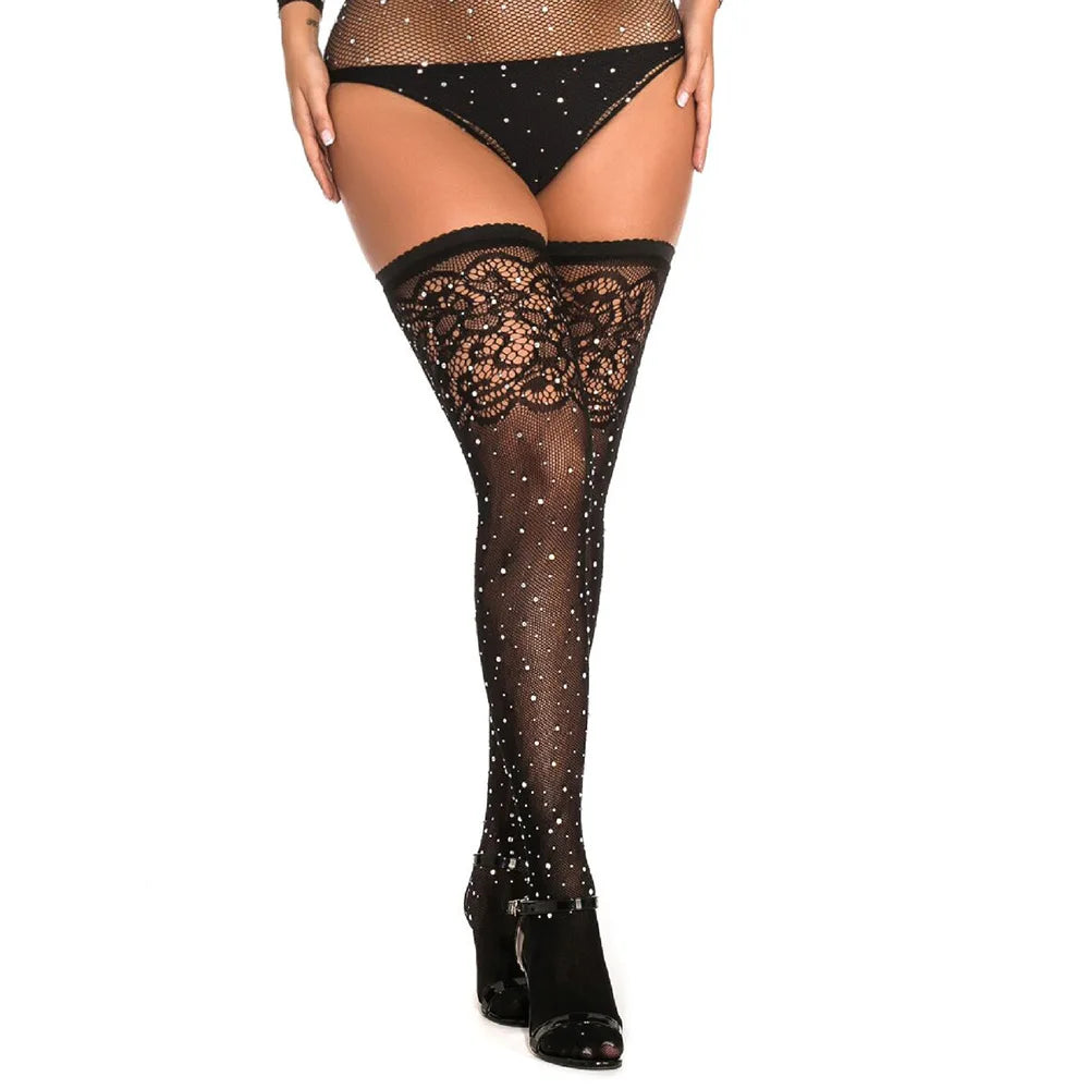 Lace Trimmed Floral Embroidered Fishnet over Knee ,Sexy Non-Slip Silicone Edge Lace Fishnet Stockings.