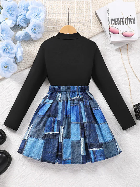 Spring And Autumn, Leisure Cute Girl High Collar, Printed Long Sleeve & Checkered Half Skirt.